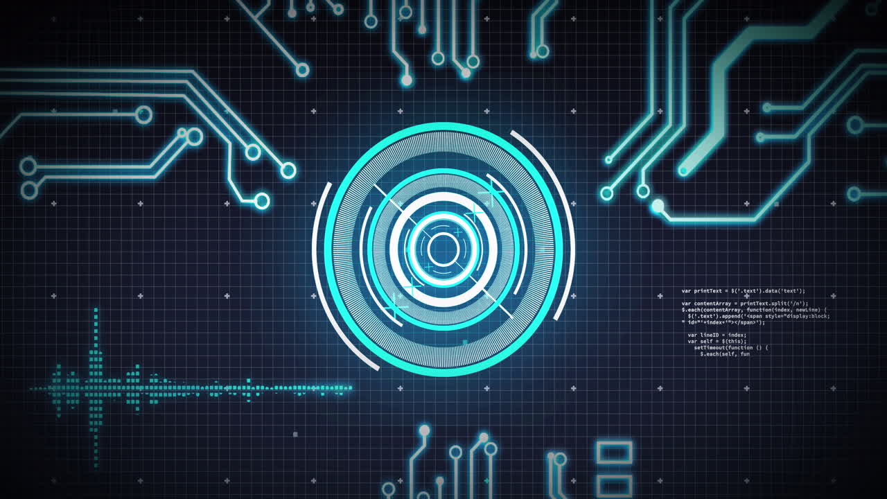 Animation of scope scanning, processor elements and data processing over grid
