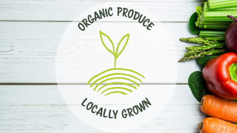 animación de productos orgánicos cultivados localmente texto en verde, sobre verduras frescas en pizarras blancas