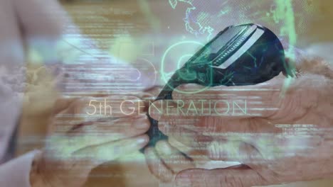 5g text, globe and data processing against close up of a person using card machine to make payment