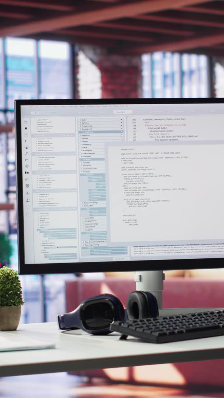 Vertical Video Empty desktop monitor used for software development and coding