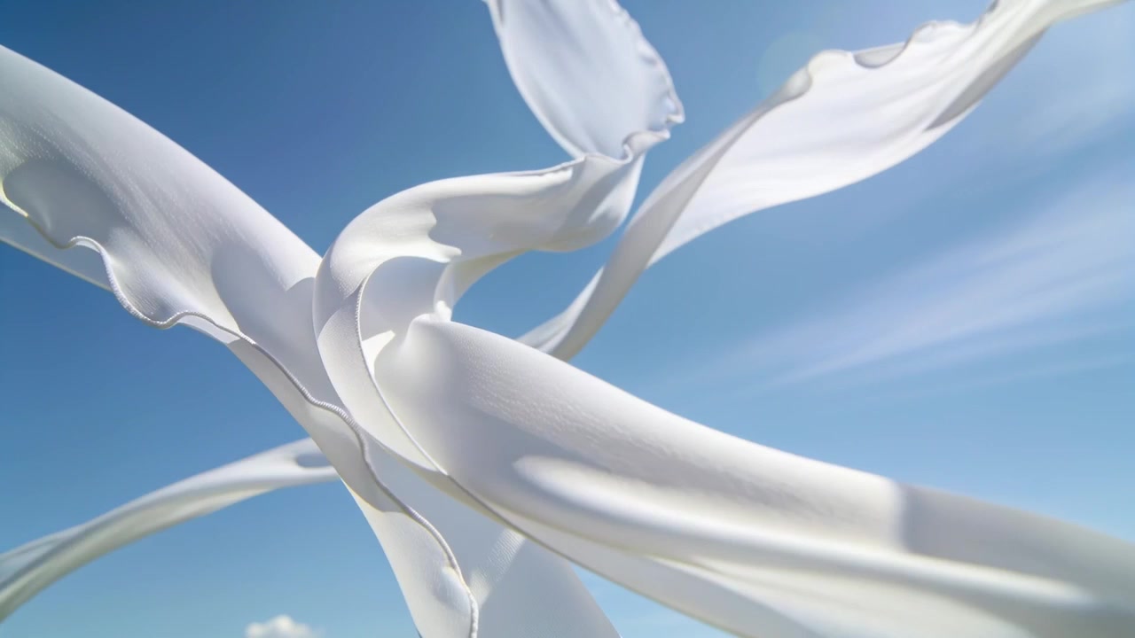 Strisce bianche a spirale che fluttuano nella brezza, formando un vortice centrale contro il cielo blu con un bagliore dell'obiettivo.