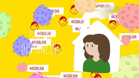 Animation-Einer-Person,-Die-Zu-Hause-Bleibt,-Mit-Makro-Coronavirus-Covid-19-Zellen,-Die-Mit-Den-Worten-Schweben