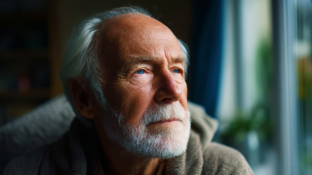 Un uomo anziano e pensieroso guarda fuori dalla finestra con aria contemplativa, i suoi saggi occhi azzurri riflettono una vita di esperienze e profonde riflessioni sulla vita