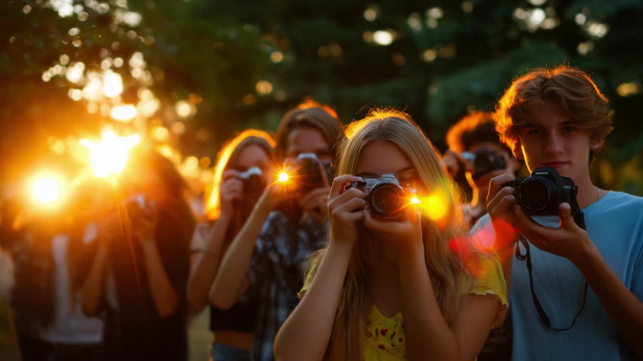 Group of young photographers at golden hour
