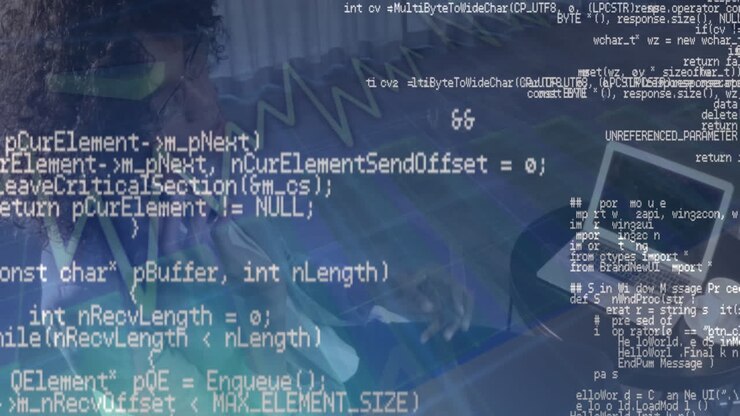 Animation of financial data processing over woman using smartphone