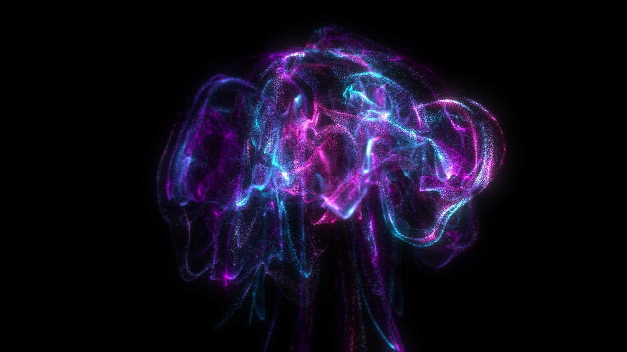 Smooth Purple Smoke Waves: Dynamic 3D Design with Glowing Particles in a Cyber Space