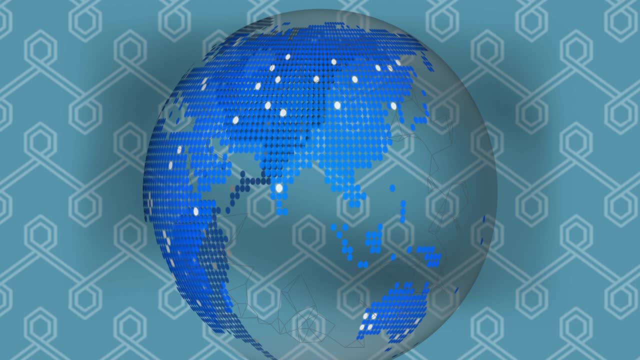 파란색 배경에 회전하는 위치 지점과 함께 지구상의 애니메이션