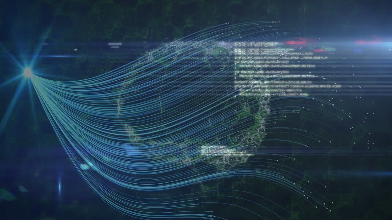 Animation of data processing and digital human brain over blue lines on black background
