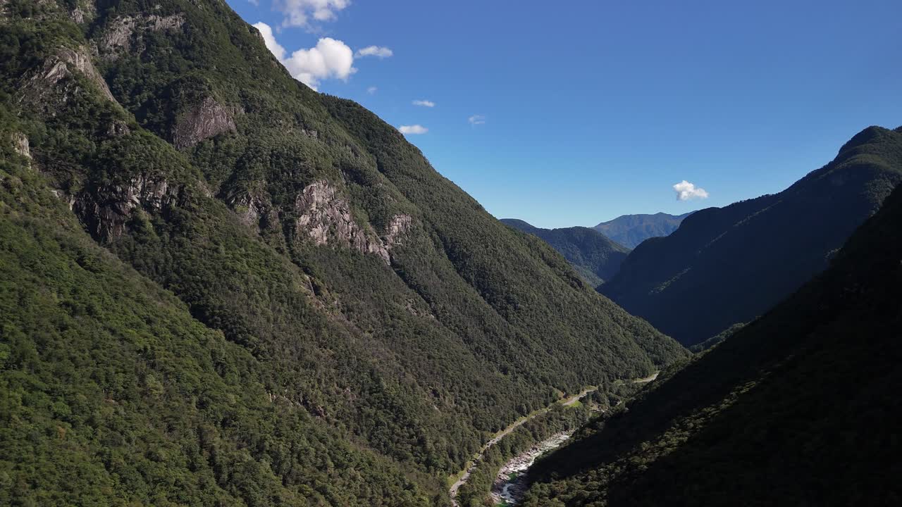 Vallemaggia Maggia Valley in Ticino, Switzerland rugged mountains, aerial drone