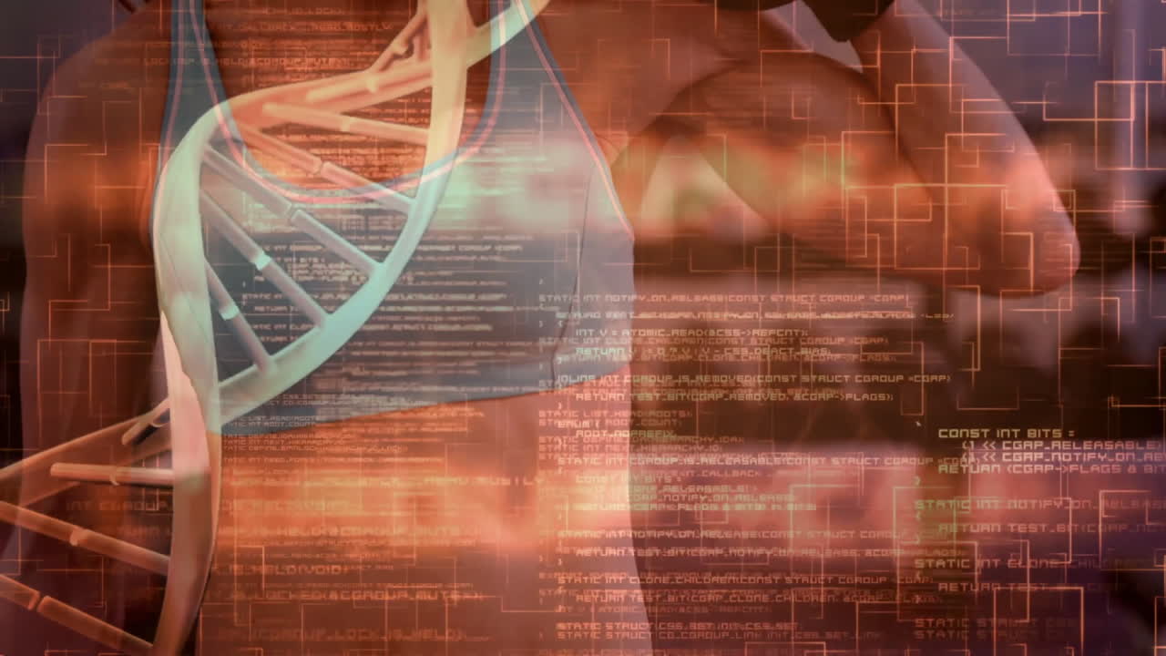 체육관에서 운동하는 사람의 dna 스트랜드 및 데이터 처리 애니메이션