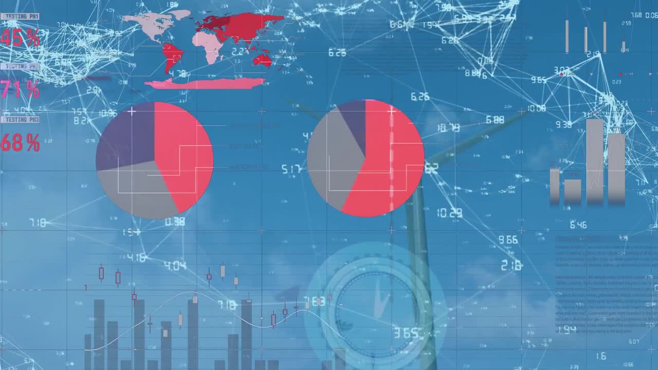 Animation of neon ticking clock and statistical data processing over spinning windmills against sky