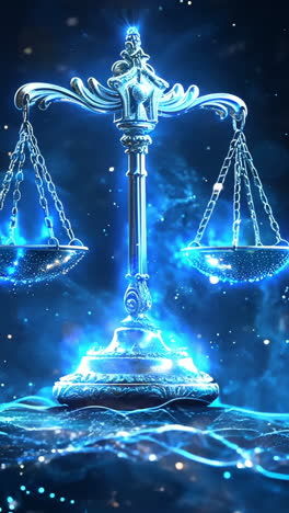 a scale with a chain hanging from it is suspended in the air. the scale is suspended in the air and is surrounded by a blue and purple background