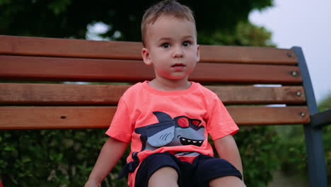 lovely caucasian baby boy sits smiling on the bench. adorable kid outdoors in summer.