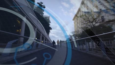 Animation-of-interface-with-data-processing-against-time-lapse-of-people-walking-on-city-bridge