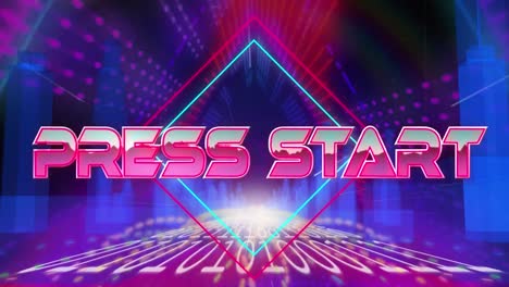 animation of press start text banner over 3d city model and neon tunnel in seamless pattern