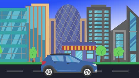 car driving rides around city side view, loop animation, flat design background