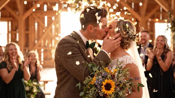 Joyful Wedding Ceremony: A Beautiful Couple Exchanging Vows in a Rustic Barn Setting Surrounded by Family and Friends Celebrating Their Love and Commitment