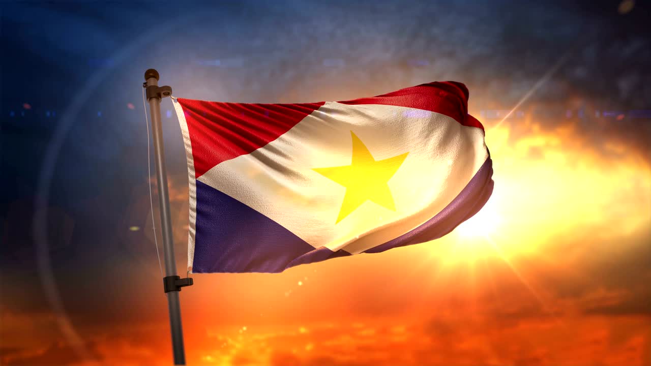bandera saba retroiluminada en el hermoso amanecer bucle cámara lenta 4k