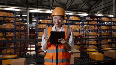 ingeniera asiática con casco de seguridad trabajando en una tableta mientras está de pie en el almacén con estantes llenos de productos de entrega