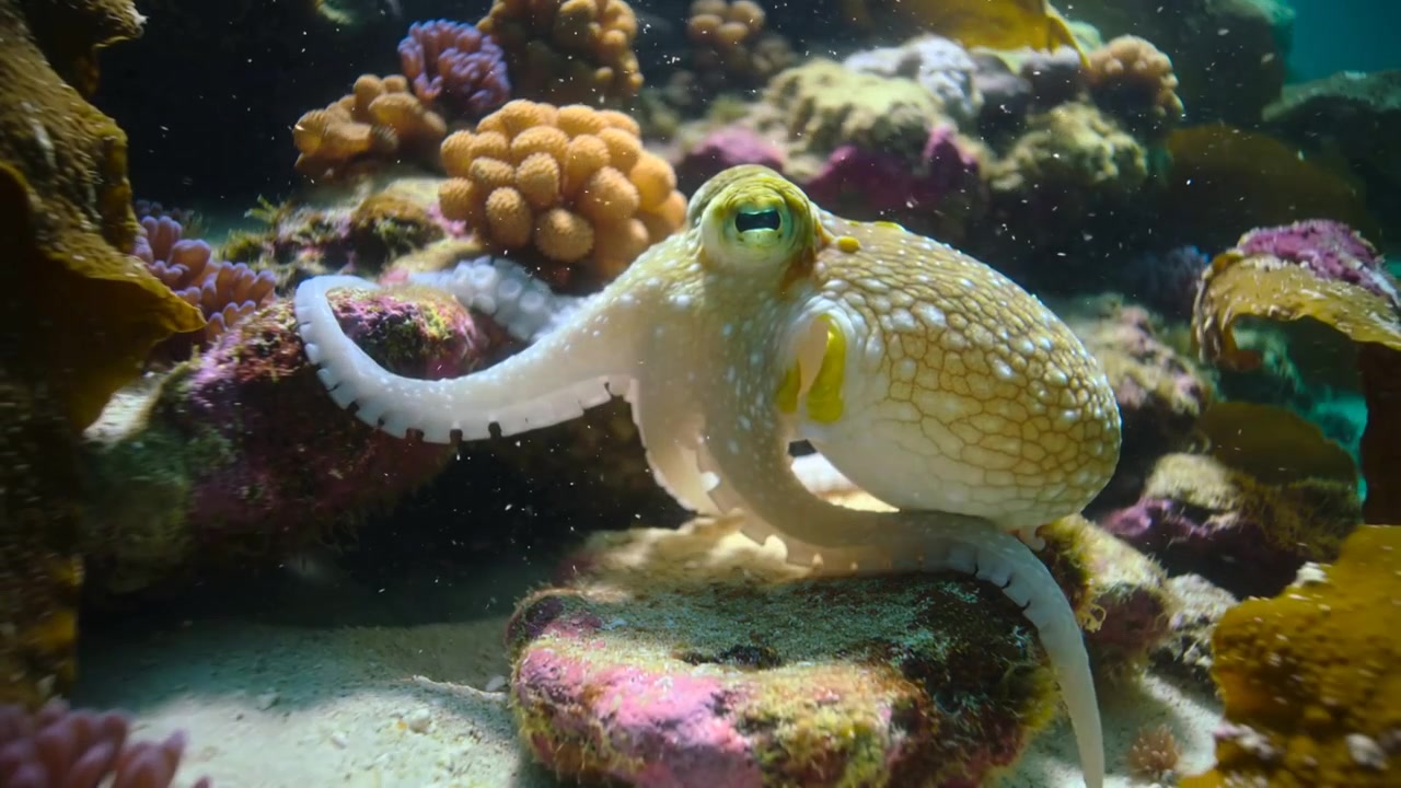 Polpo che si muove, spingendo i tentacoli e sollevando il mantello su una roccia piatta nell'acquario, mentre l'acqua si muove dolcemente.