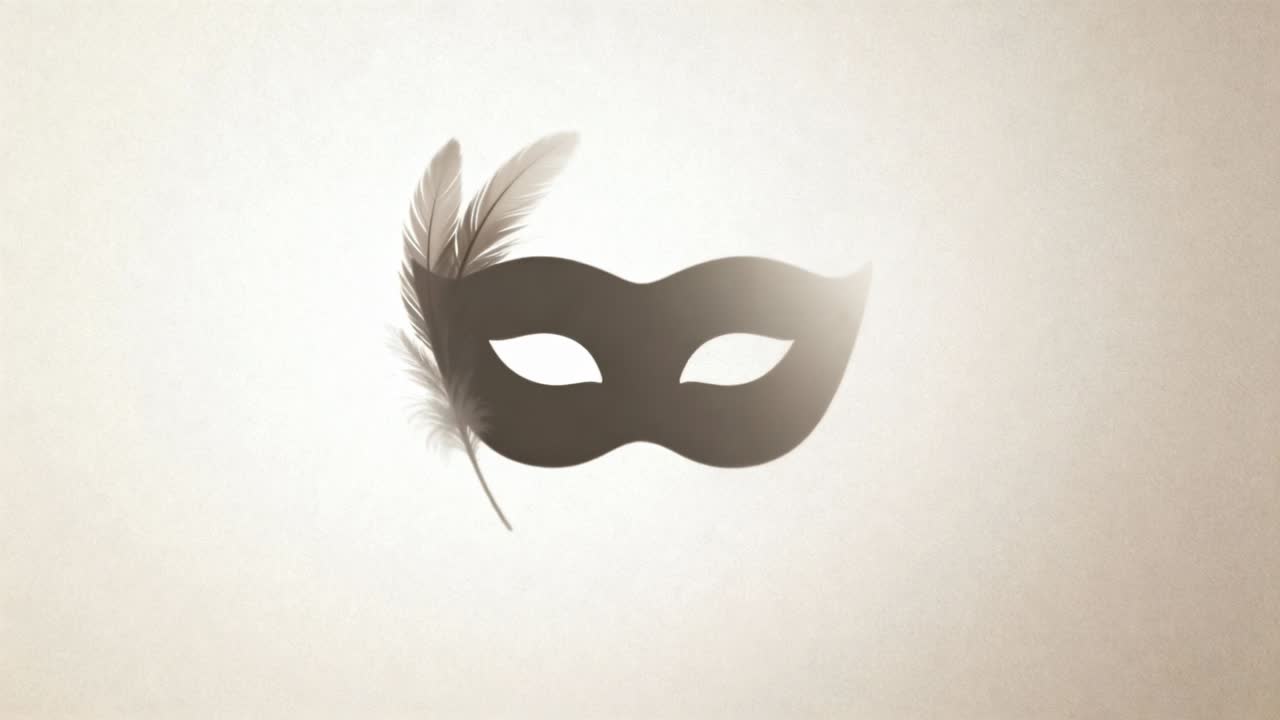 Una maschera nera per gli occhi che si dispiega dopo l'inizio del fotogramma, con una piuma che si apre a ventaglio mentre un bagliore sulla destra sale su carta beige.
