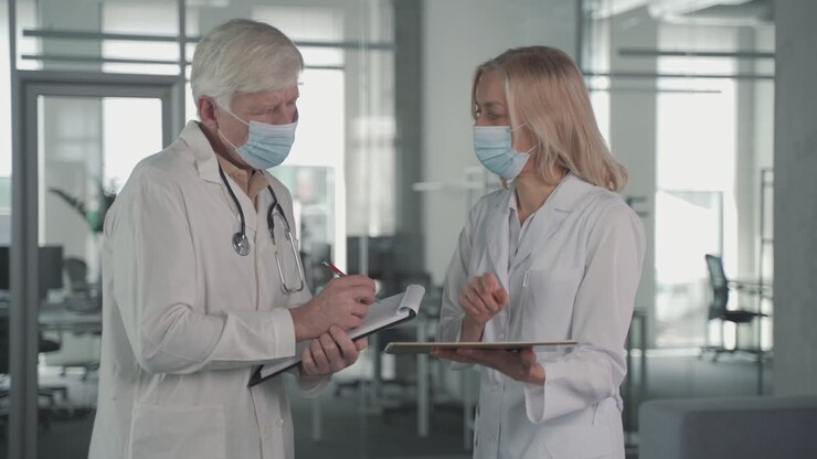 Una coppia di medici con mascherine conversa mentre guarda i risultati su un tablet 1