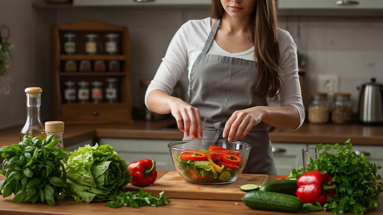 A Culinary Exploration: Preparing a Fresh Vegetable Salad with Vibrant Greens and Colorful Peppers in a Cozy Kitchen Setting.