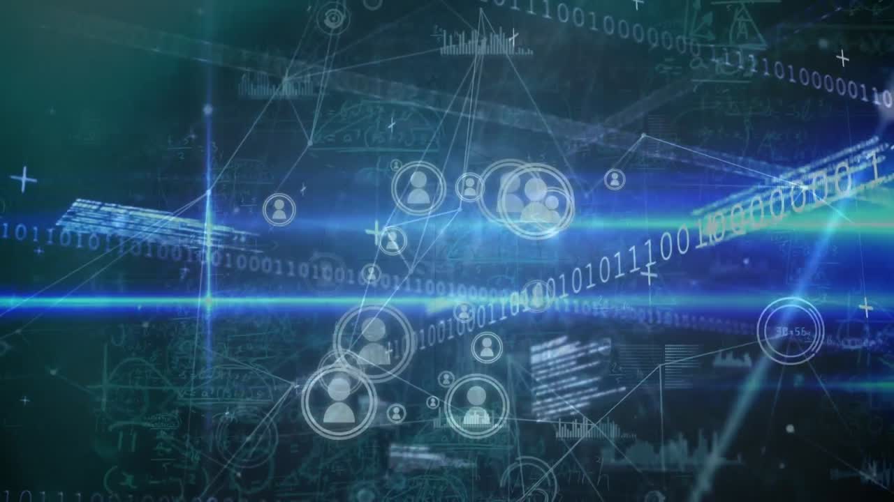 animación del procesamiento de datos, iconos y datos científicos en fondo azul y negro