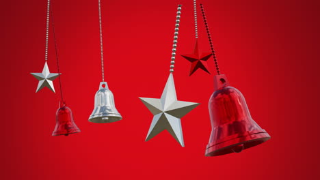 animation of multiple bells and stars hanging and swinging against red background