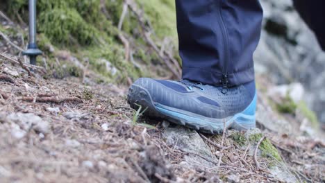 low angle close-up of hiker walking with trekking shoes and poles