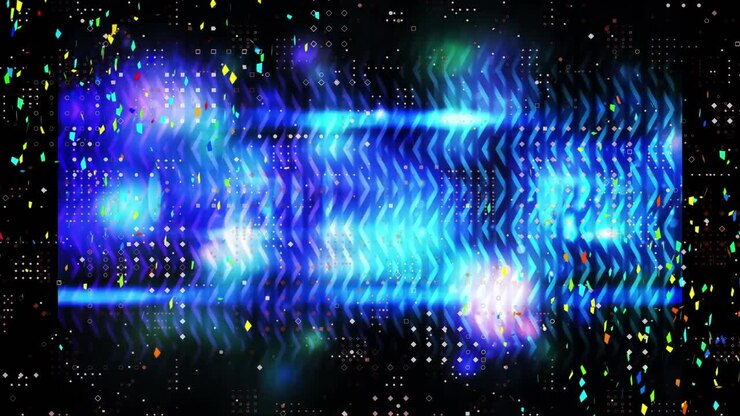 Confetti falling over blue spots of light and dots design pattern against black background