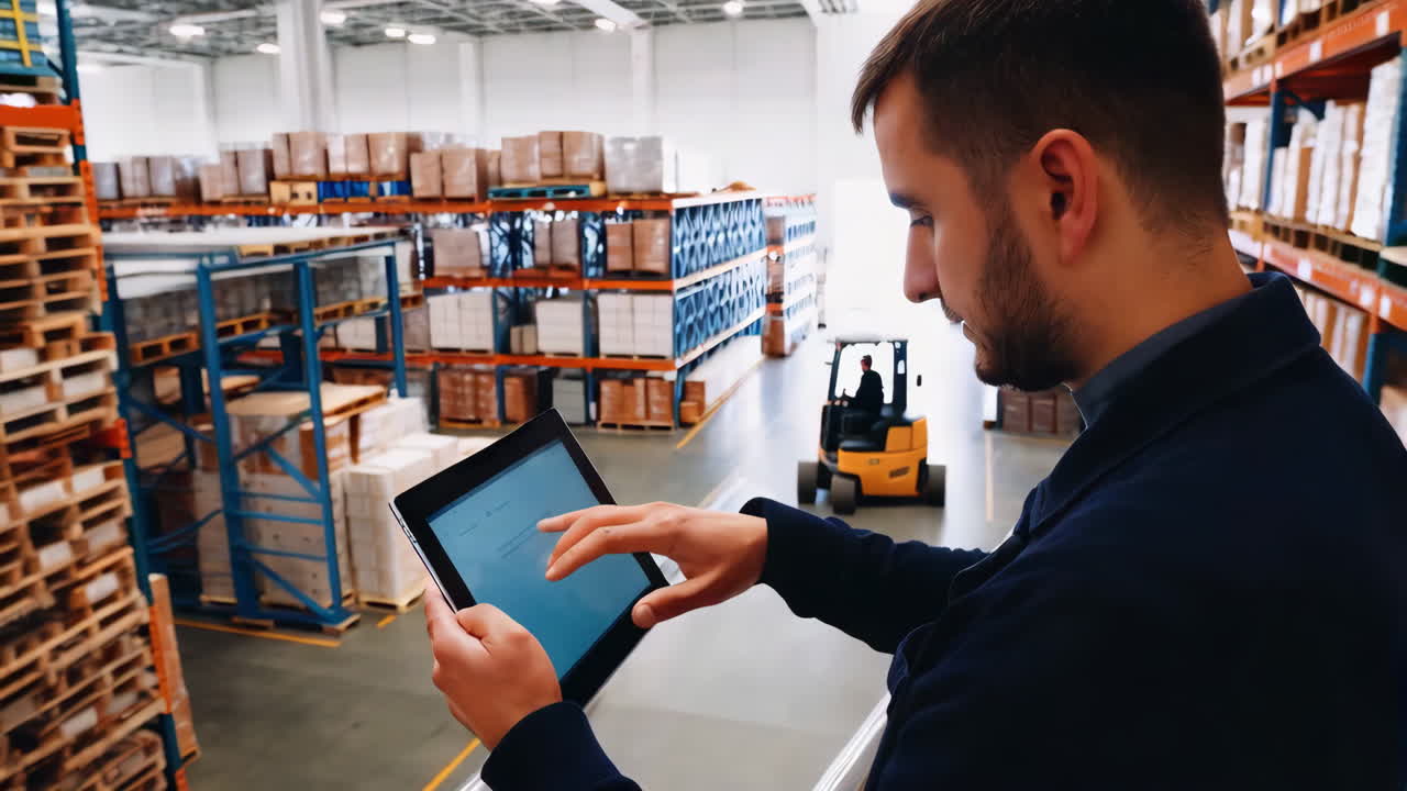 trabajador de almacén que utiliza una tableta