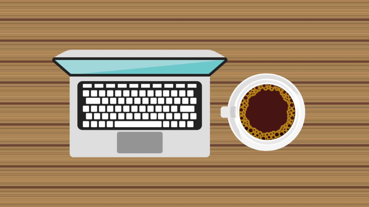 portátil de vista superior y café