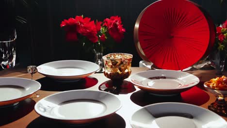 luxury dining table setting with red decor