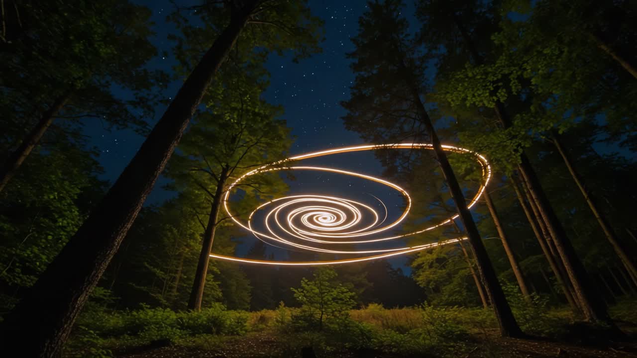 A Mesmerizing Spiral of Light Illuminating a Tranquil Forest Under the Starry Night Sky, Capturing the Essence of Nature and Creativity in Motion
