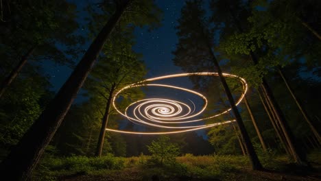 a mesmerizing spiral of light illuminating a tranquil forest under the starry night sky, capturing the essence of nature and creativity in motion