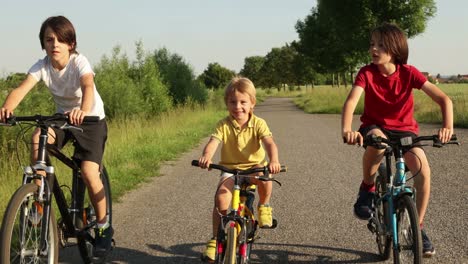 niños lindos y felices, hermanos, montando bicicletas en el parque en un soleado día de verano, hablando y riendo
