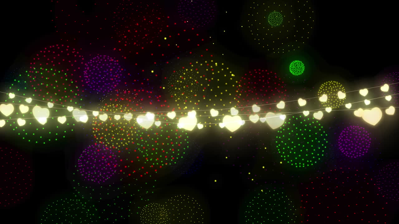 animación de luces de hadas sobre formas coloridas y fuegos artificiales en fondo negro