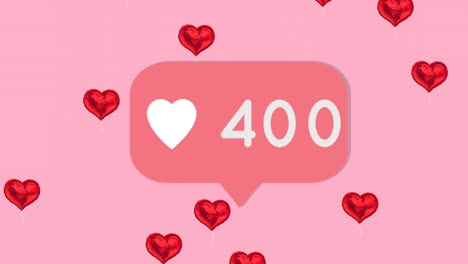 Heart-icon-with-increasing-numbers-in-speech-bubble-against-multiple-red-hearts-floating