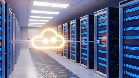A Glimpse into Cloud Computing: A Modern Data Center Setup Featuring High-Tech Servers and a Symbolic Cloud Connection for Enhanced Digital Services