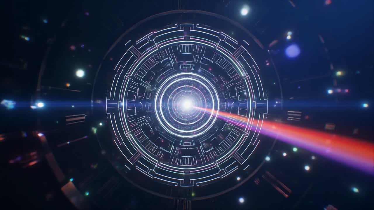 Futuristic Digital Tunnel with Glowing Rainbow Light Beam