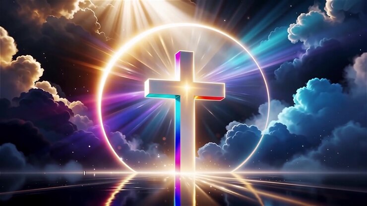 Croce Cristiana Luce Celestiale Sfondo per il Culto.