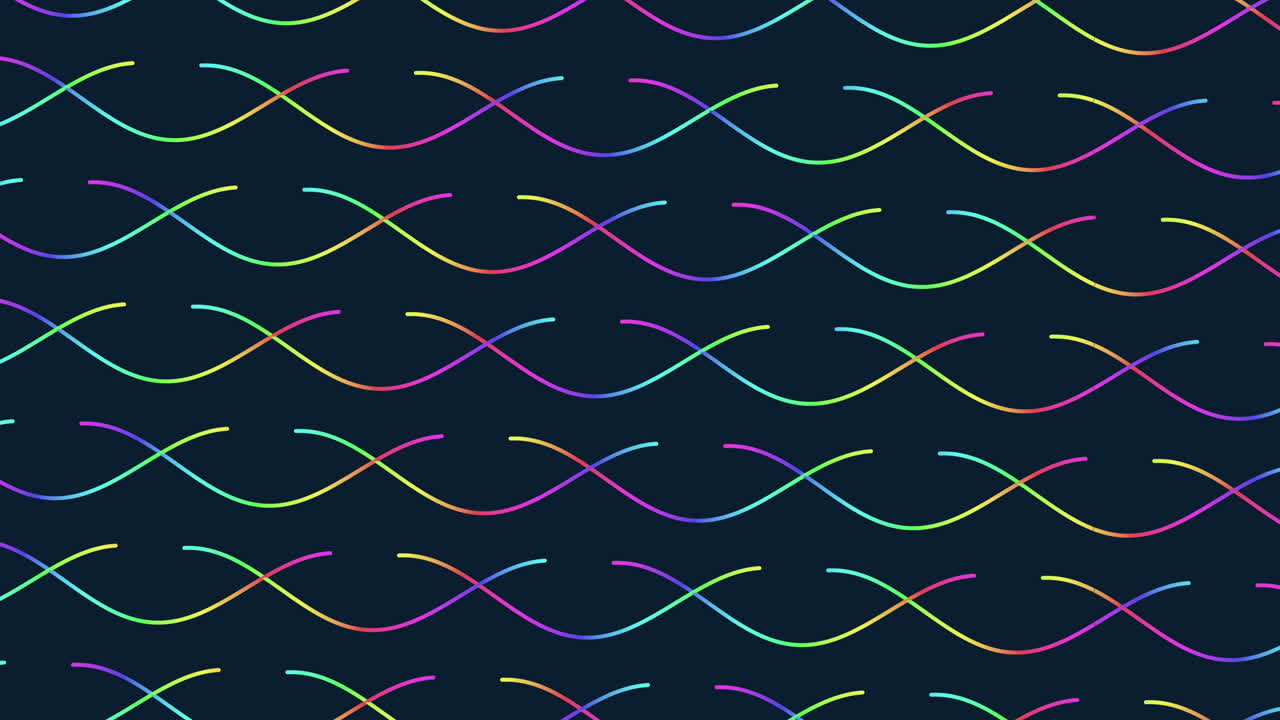 Vivid rainbow-hued curved lines on a black backdrop form an animated, flowing wave pattern in this seamless design, creating a dynamic and captivating visual experience