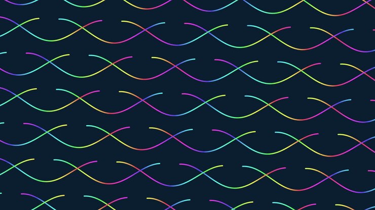 Vivid rainbow-hued curved lines on a black backdrop form an animated, flowing wave pattern in this seamless design, creating a dynamic and captivating visual experience