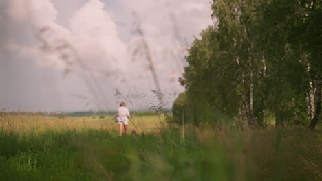 back view of woman in casual grey and white walking two dogs on leash along vast grassy field, holding leash with right hand, surrounded by tall green trees, clear sky above