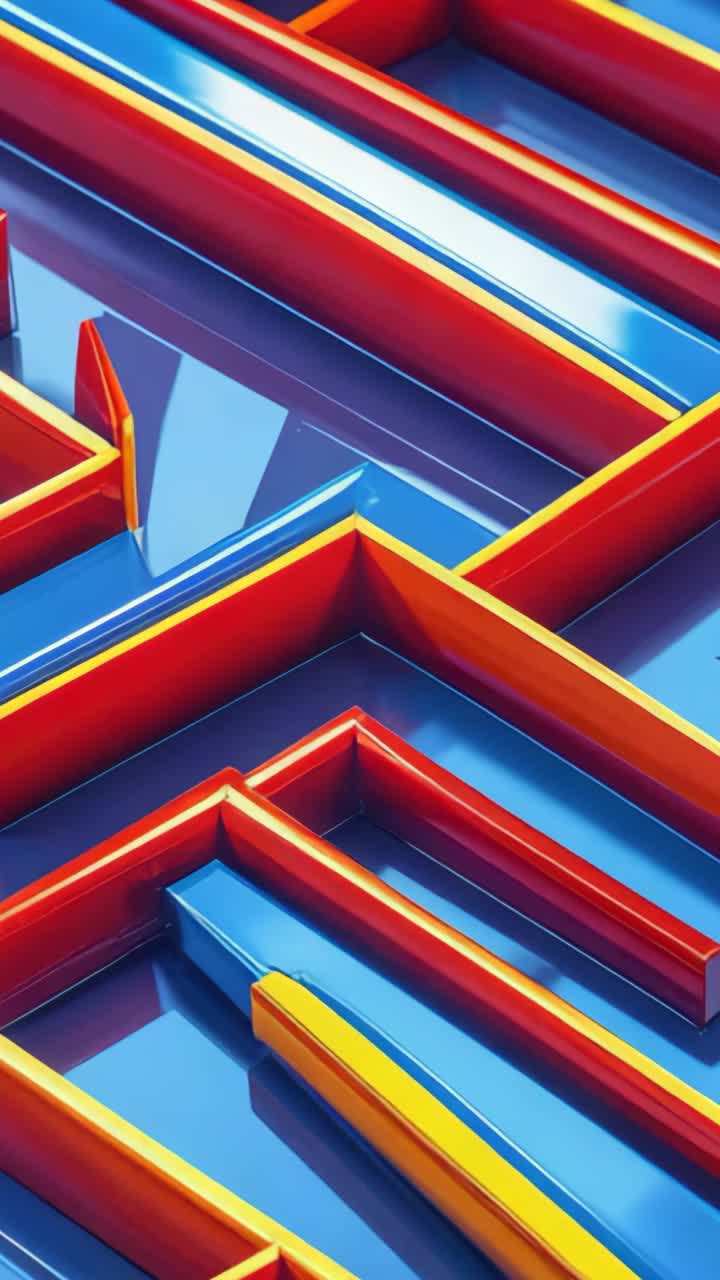 Vertical video: Starting from blue base, 3D maze shifting colors on digital plane, with reflections