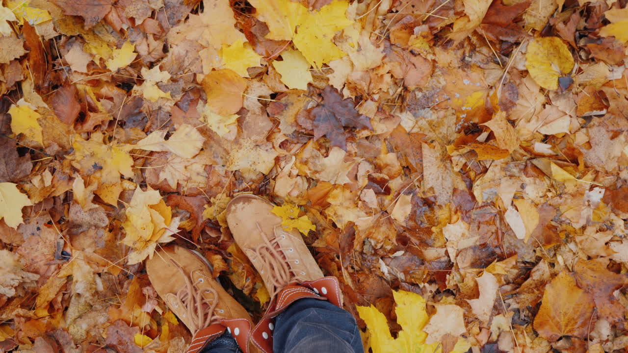pies en botas de otoño sobre hojas caídas de otoño la cámara gira