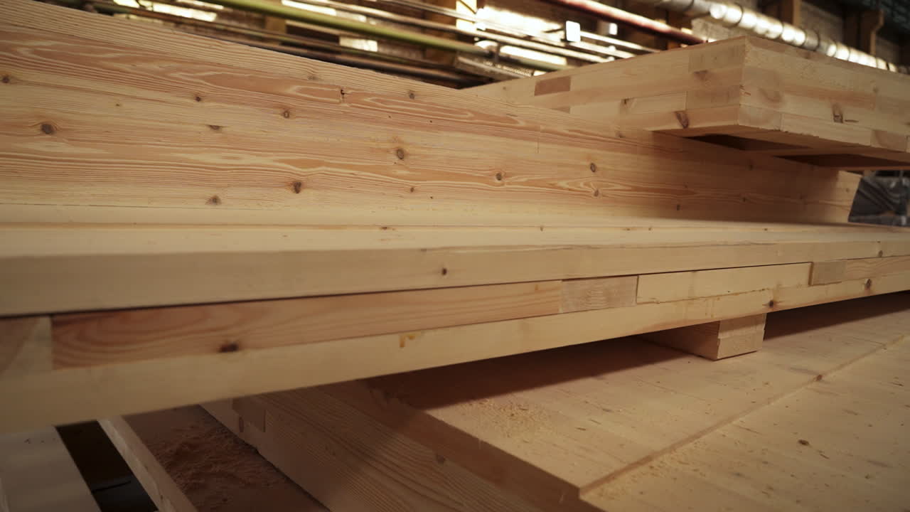 vigas de madera apiladas en una instalación de fabricación