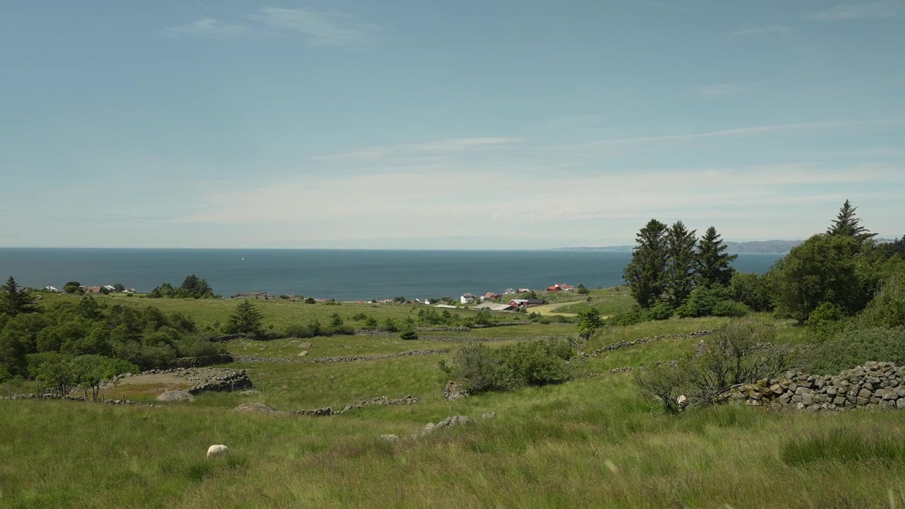 Campagna rurale verde con muri in pietra che si affacciano su un villaggio costiero e sul mare al rallentatore