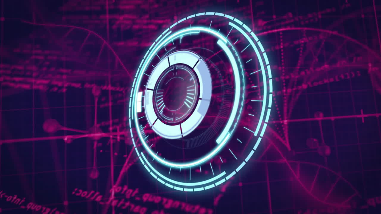 Glowing circular elements and abstract data patterns in futuristic animation interface